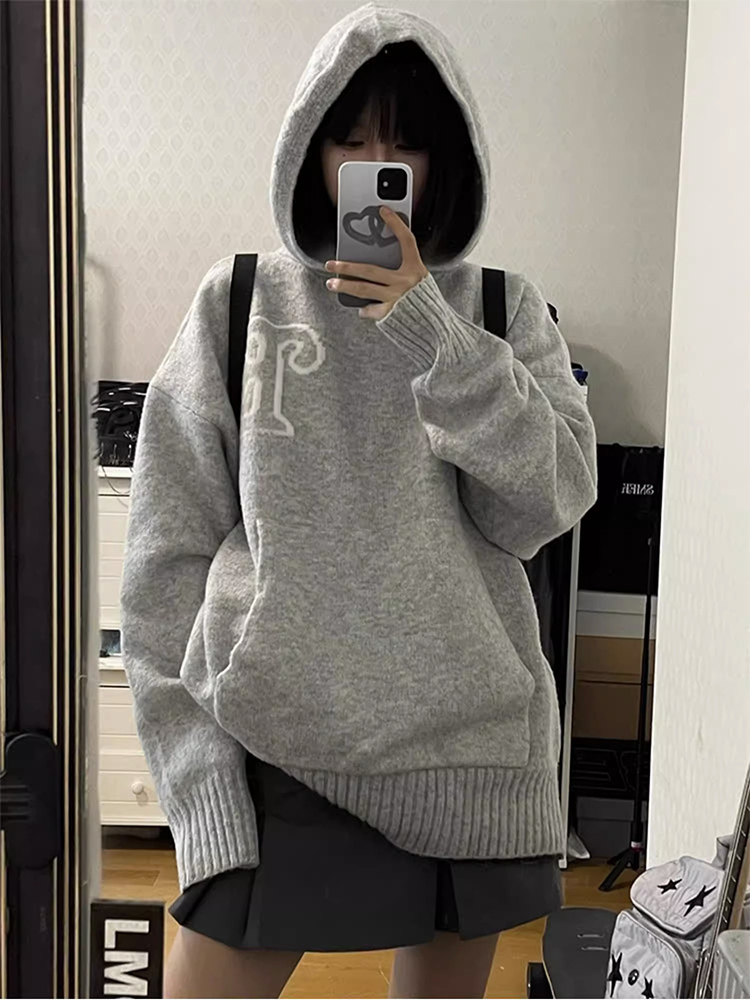 灰色連帽衛衣女秋冬針織衫小個子oversize慵懶風寬鬆毛衣帽衫上衣
