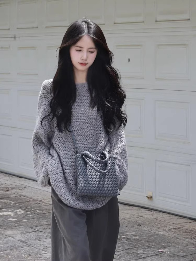 細支羊駝馬海毛#灰色慵懶風小個子寬鬆上衣女秋季穿搭高級感
