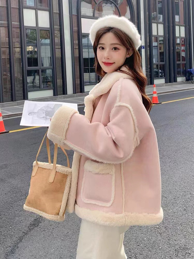 Pink lambswool jacket for women short winter fur all-in-one 2023 new style Korean style thickened cotton coat trendy for small people