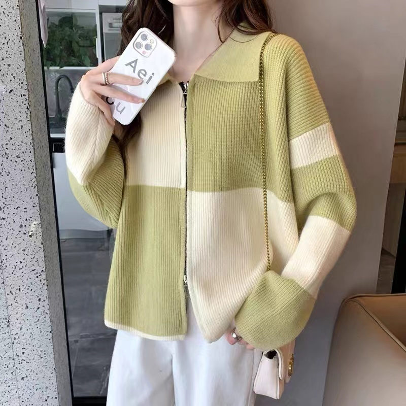 娃娃領拼色毛衣開衫外套女2023秋裝新款拉鏈女士針織衫洋氣百搭女
