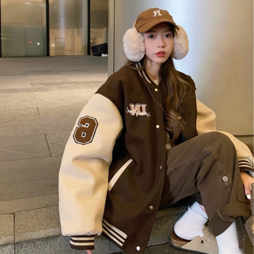 Burgundy American baseball uniform for women in spring and autumn, boyish style, college style woolen patchwork jacket, couple coat
