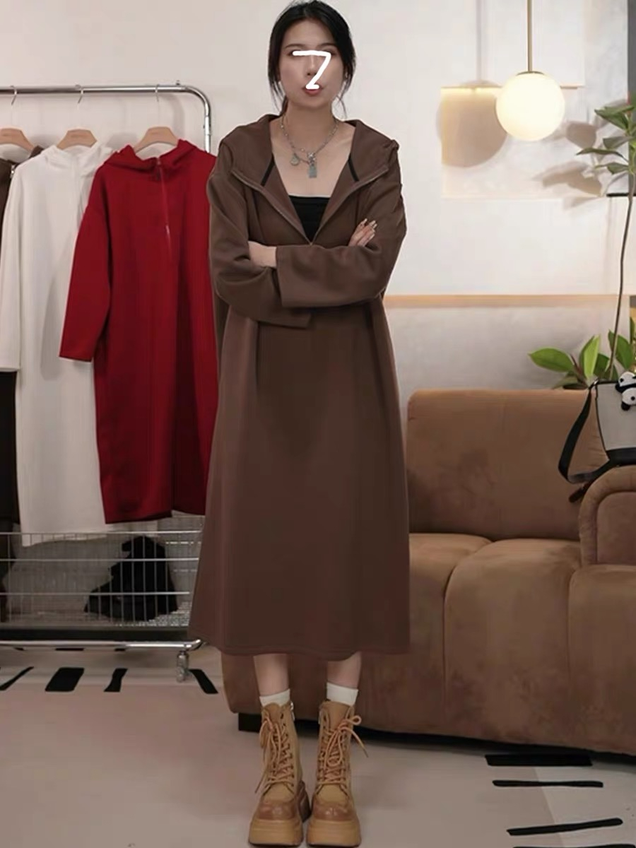 連帽半拉鏈領氣質連衣裙女秋冬寬鬆衛衣裙