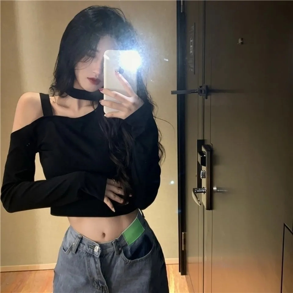 Threaded short black top women's design niche off-shoulder long-sleeved women's T-shirt
