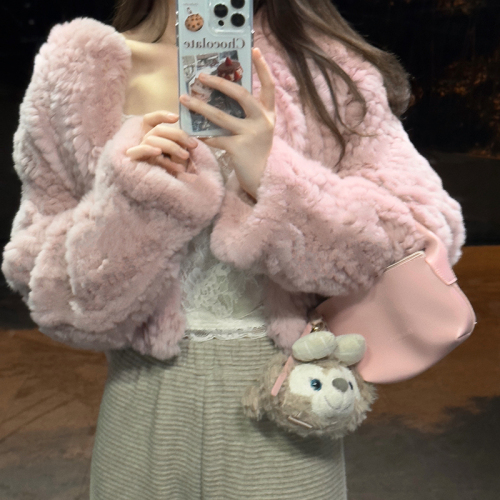 Braided rabbit fur short rex rabbit fur coat winter women's fur pink