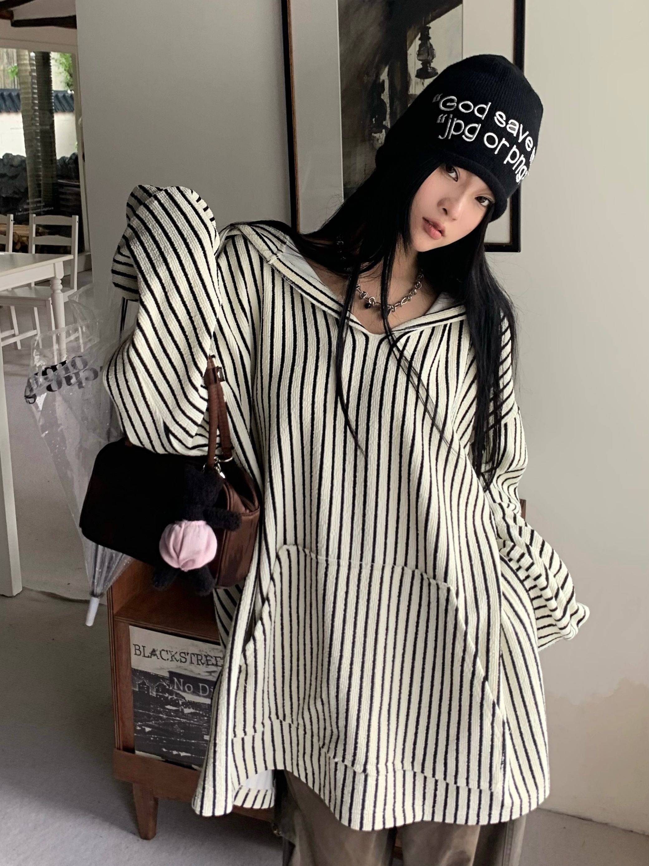 ~鬆弛慵懶派條紋連帽衛衣寬鬆套頭中長款套頭開叉上衣