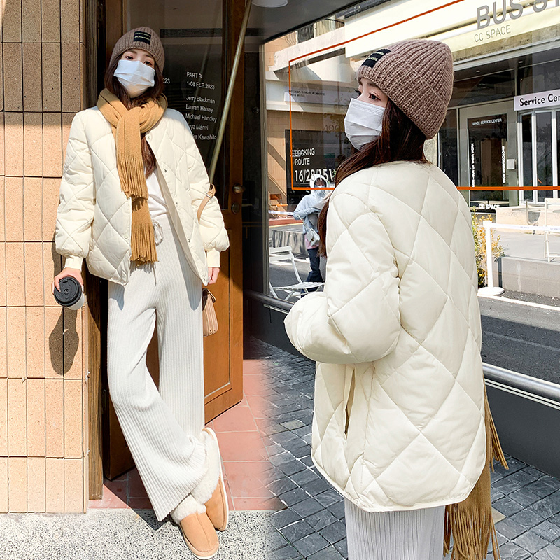 實拍菱形格短款小個子加厚棉服女2023新款時尚簡約保暖棉衣外套