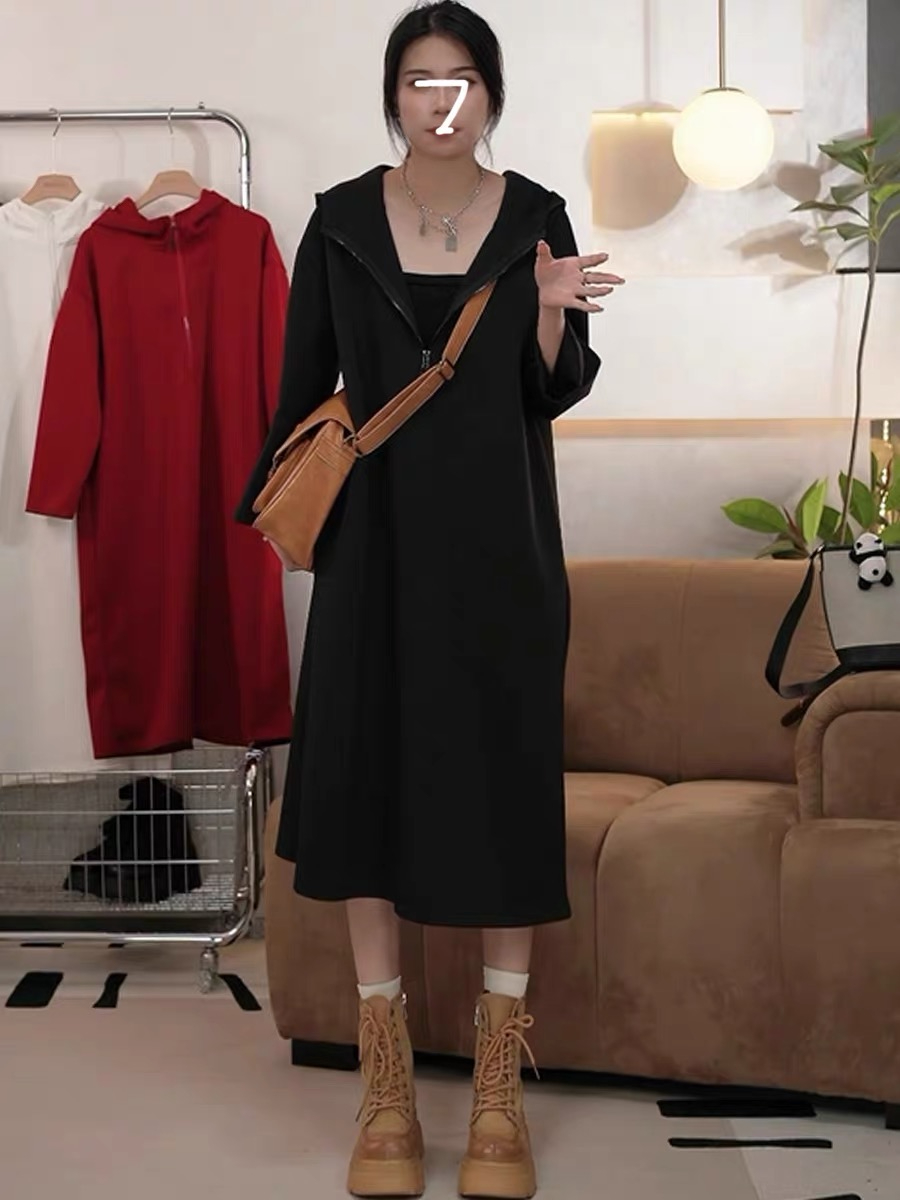 連帽半拉鏈領氣質連衣裙女秋冬寬鬆衛衣裙