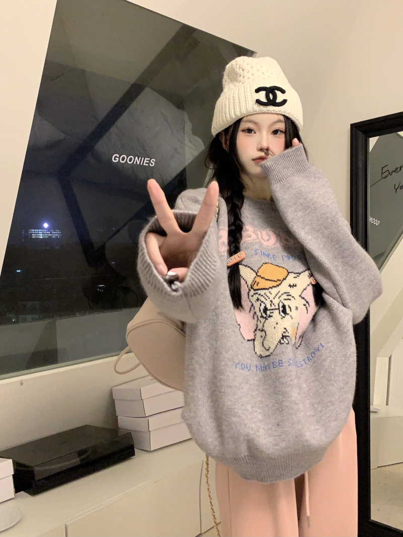 實拍~新款韓版圓領卡通印花毛衣復古慵懶風洋氣長袖上衣
