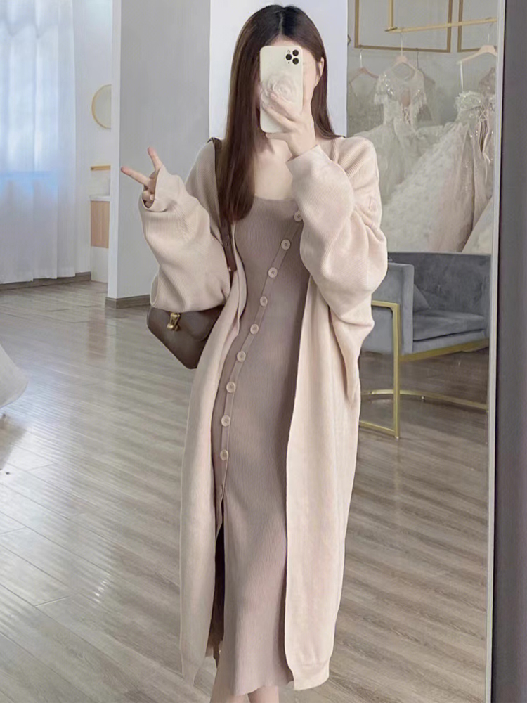 大碼女裝春秋新款胖mm長款開衫毛線衣外套修身開叉吊帶裙兩件套女