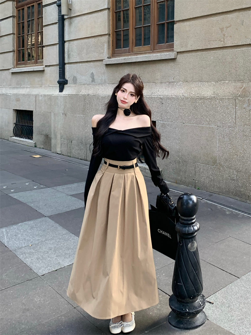 One-shoulder long-sleeved sweater top, bottoming shirt, high-waisted skirt, pleated skirt, long skirt suit