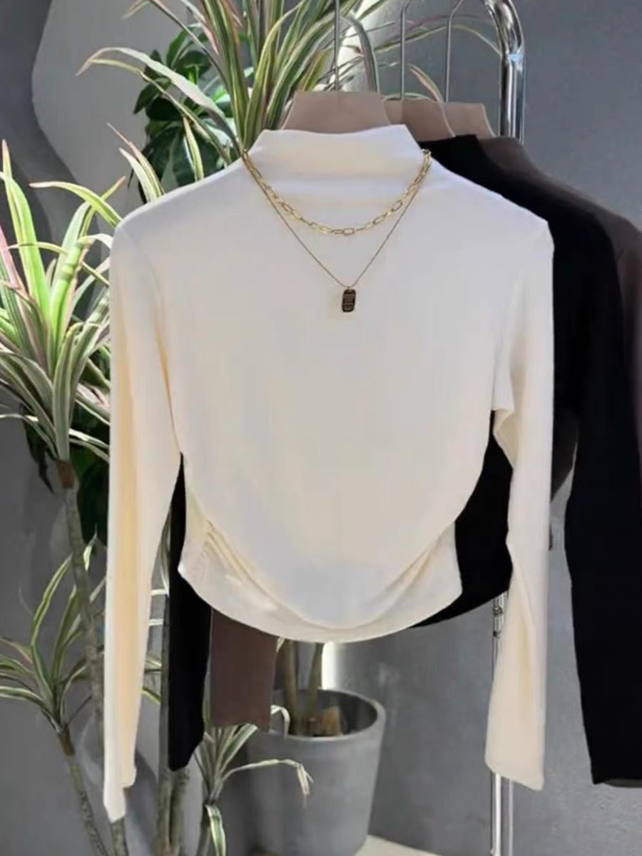 Half turtleneck bottoming shirt for women 2023 autumn and winter new style waist slimming design niche inner wear long-sleeved T-shirt top