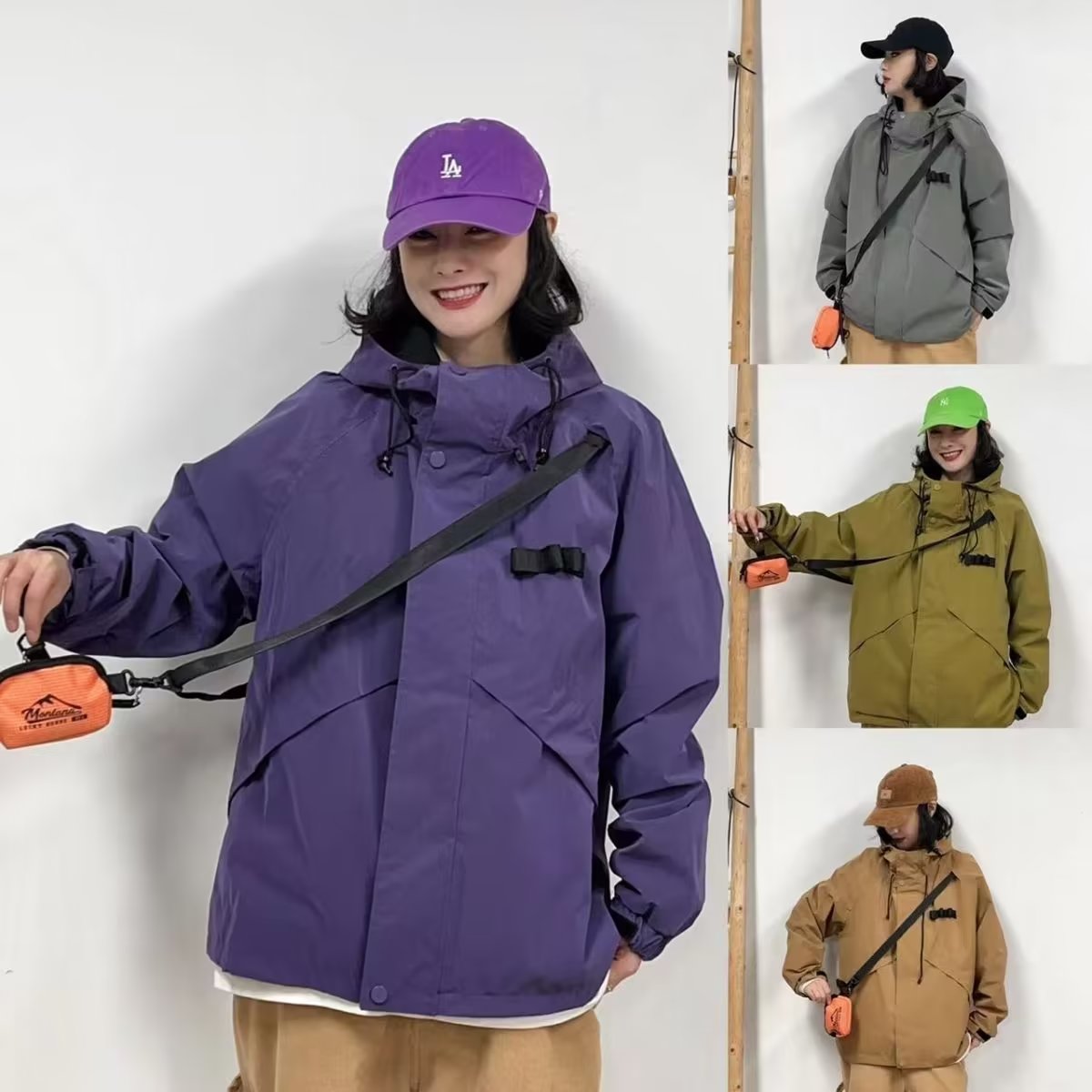 美式潮牌復古機能風挎包連帽衝鋒衣夾克男女款春秋季寬鬆情侶外套