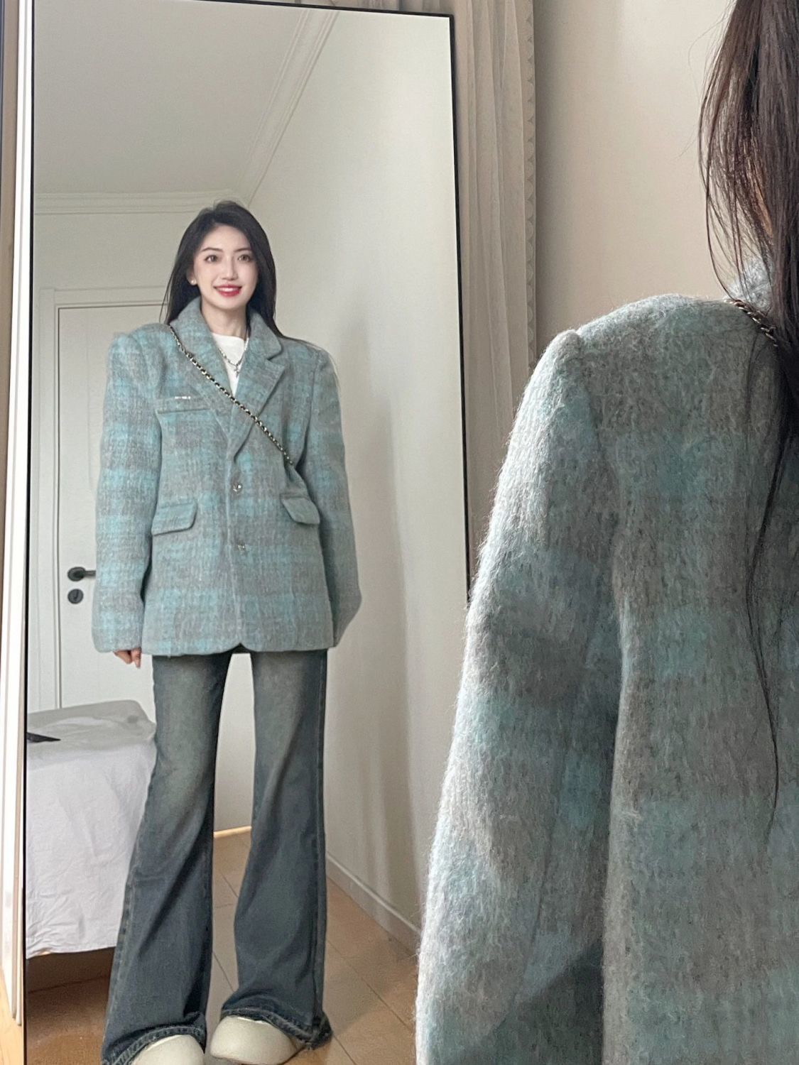 復古格子長袖毛呢外套女秋季寬鬆顯瘦開衫西裝潮牌小眾高級感上衣