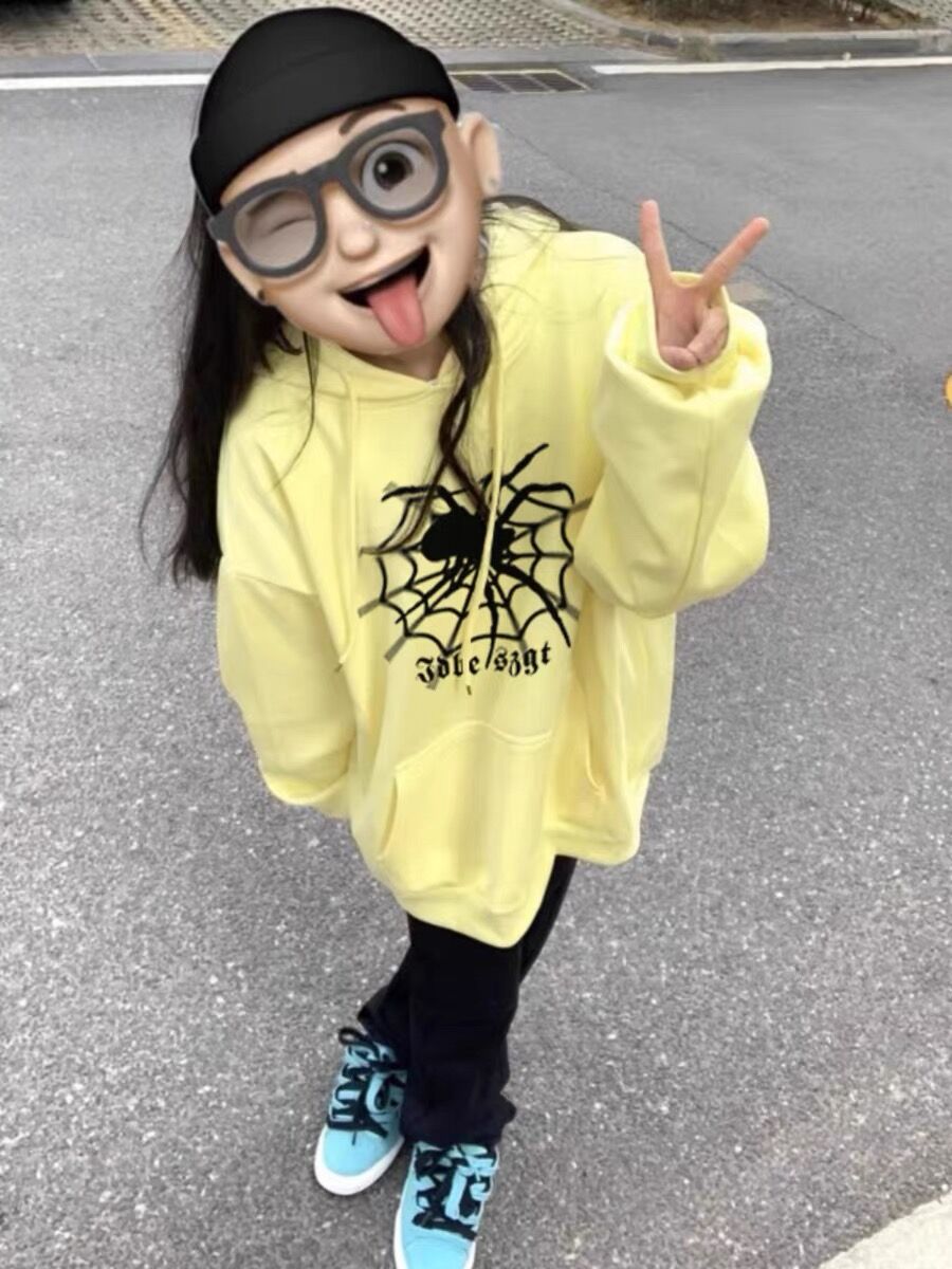 蜘蛛印花美式連帽衛衣女春秋薄款2023新款寬鬆慵懶風上衣加絨外套