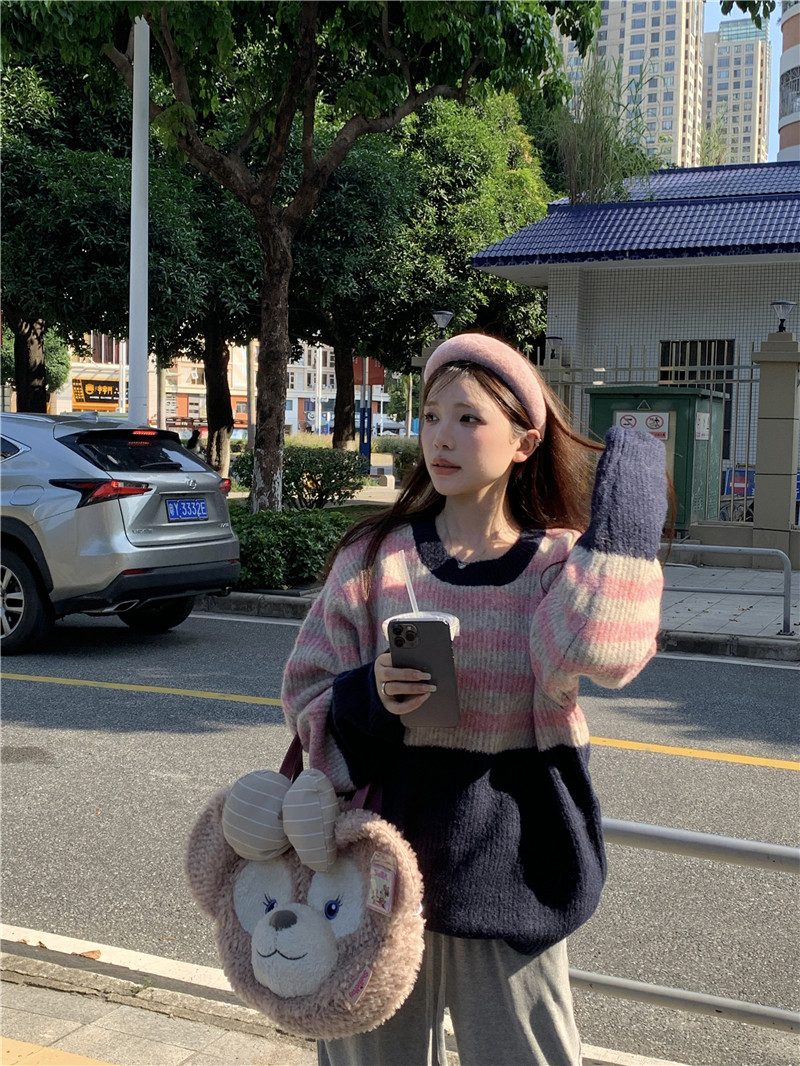 實拍條紋慵懶風拼接韓系寬鬆毛衣