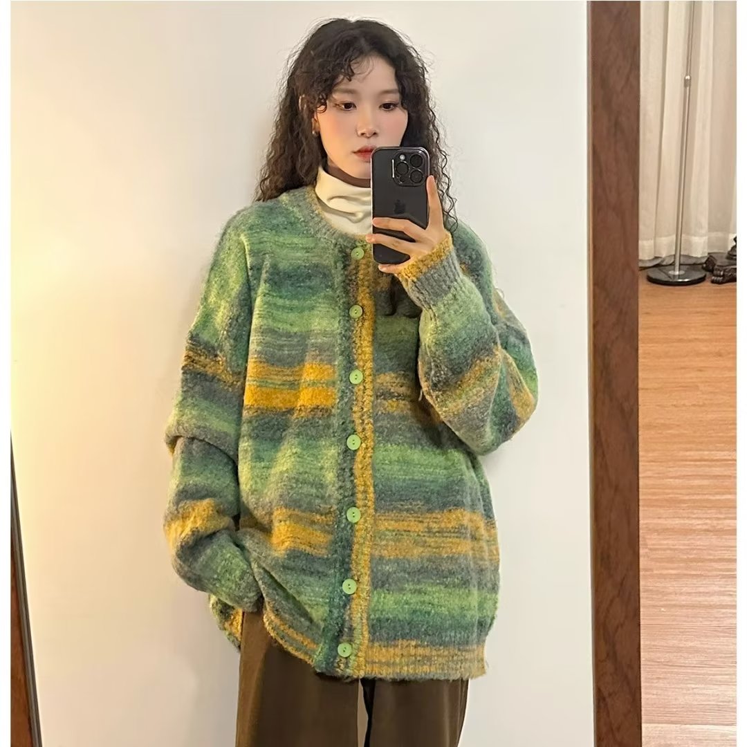 美式復古扎染漸變條紋開衫毛衣男女秋冬港風小香風寬鬆針織衫外套