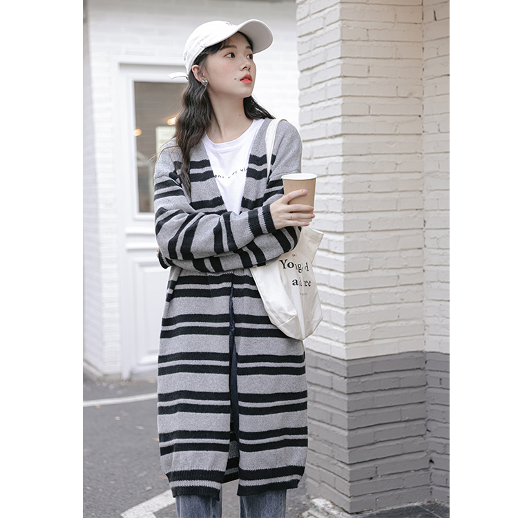 Sweater coat women's autumn and winter Korean style loose and versatile large size lazy style striped mid-length over-the-knee sweater