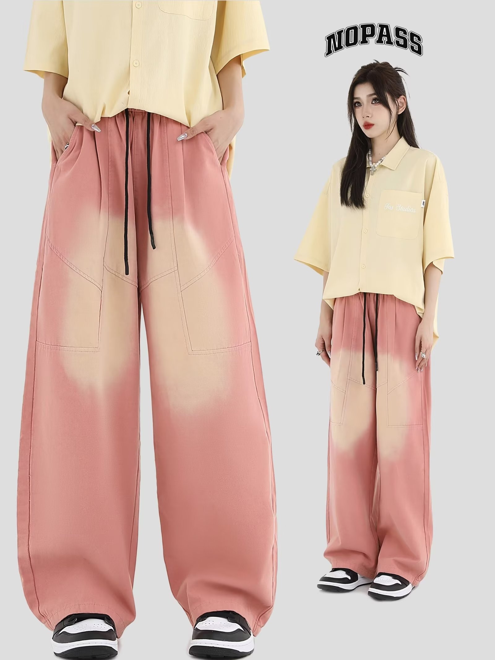 漸變闊腿牛仔褲女2023春秋新款粉色高腰顯瘦設計感寬鬆垂感直筒褲