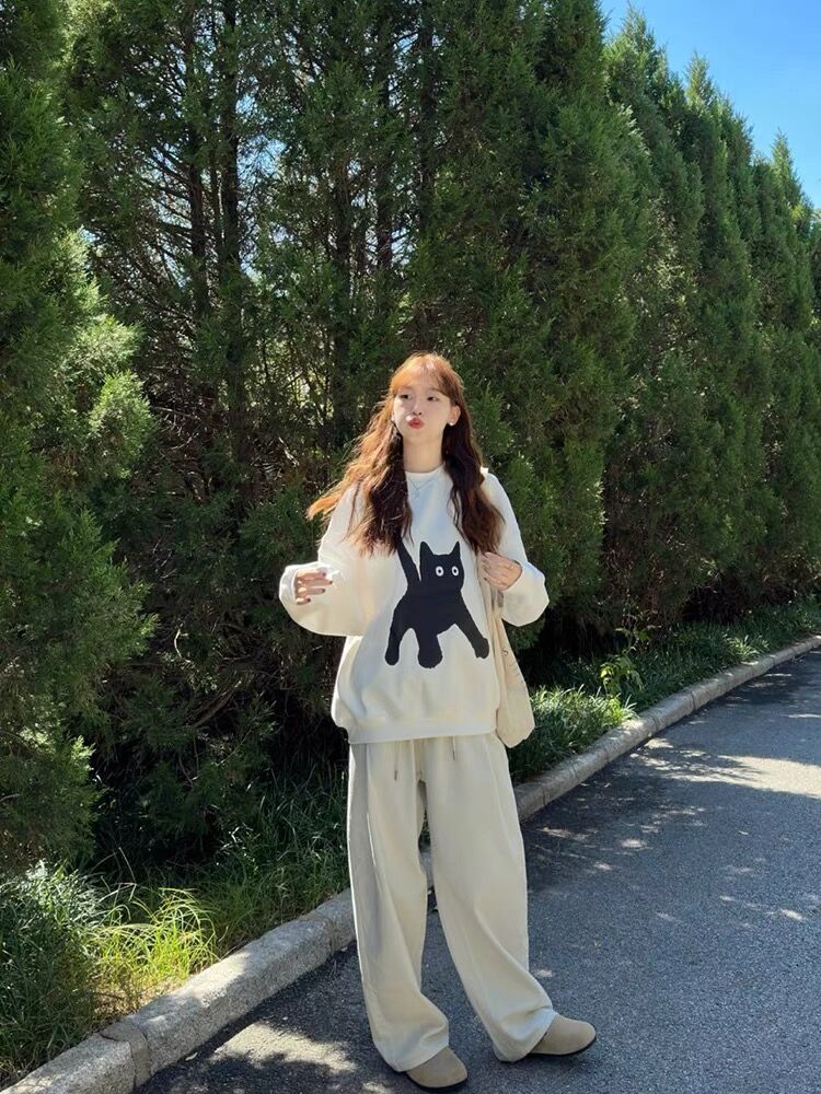 美式卡通貓咪套頭無帽衛衣女秋冬寬鬆慵懶風oversize休閒外搭上衣