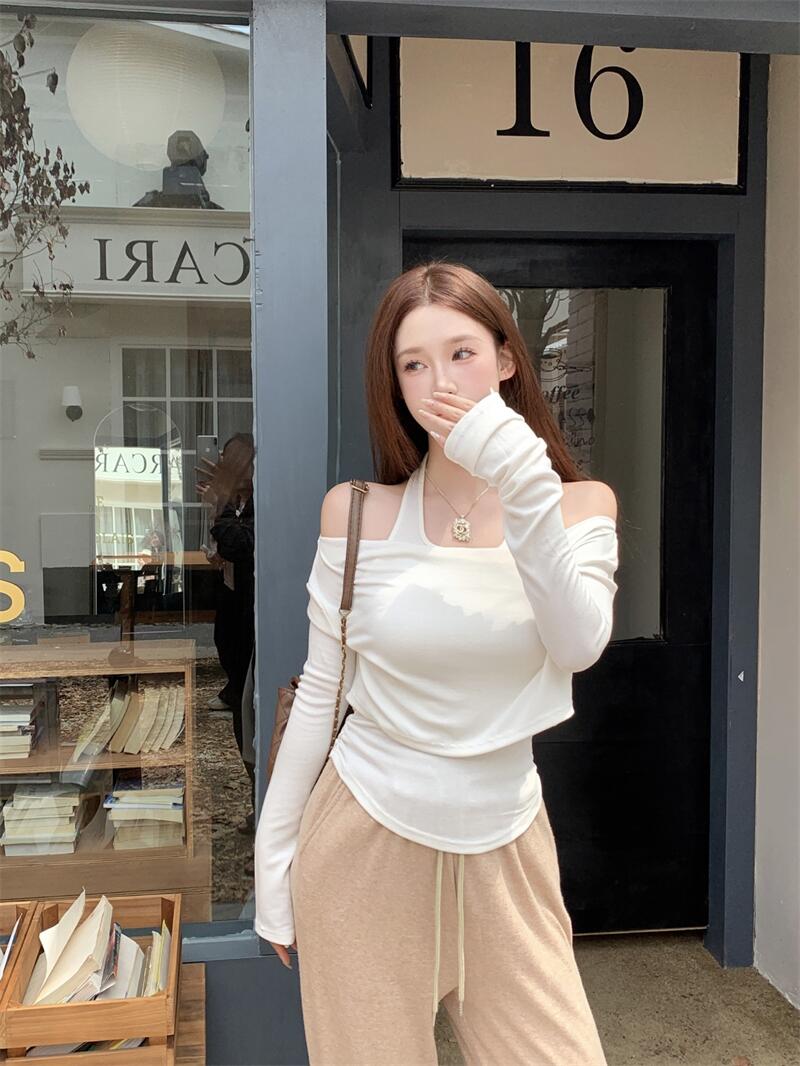 Actual shot of the new autumn and winter design halterneck versatile slimming fake two-piece one-shoulder long-sleeved T-shirt top