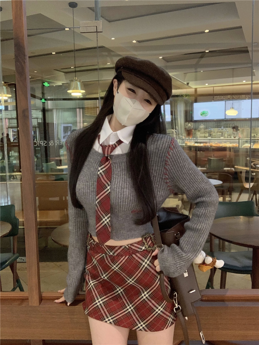 實拍學院風針織衫復古感收腰毛衣短款上衣 格子短裙 襯衣領送領帶