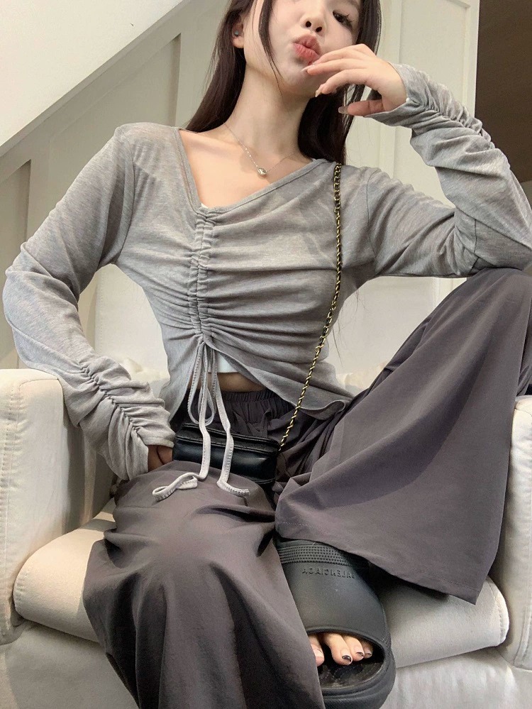 白色防曬罩衫長袖t恤女裝秋季不規則設計感小眾薄款抽繩上衣外搭
