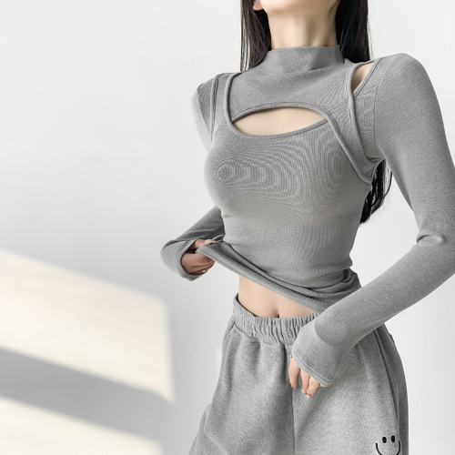 American hot girl style half turtleneck long-sleeved T-shirt for women with design sense stitching hollow bottoming shirt slim slimming top autumn