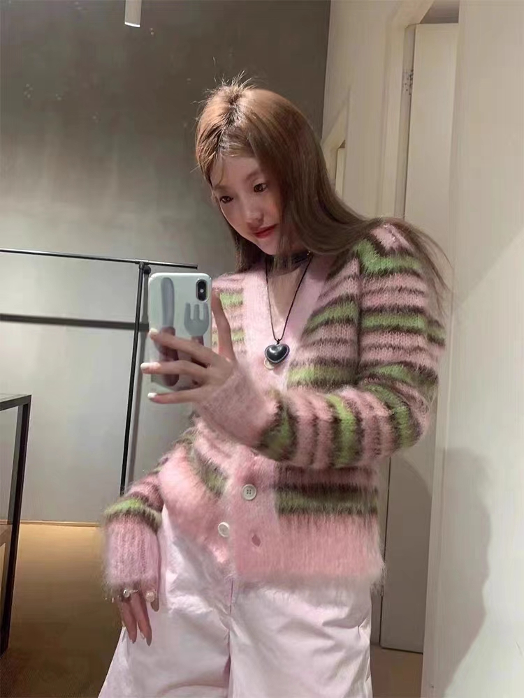 韓版時髦設計感撞色條紋毛衣女針織衫春秋新款慵懶風減齡上衣外套