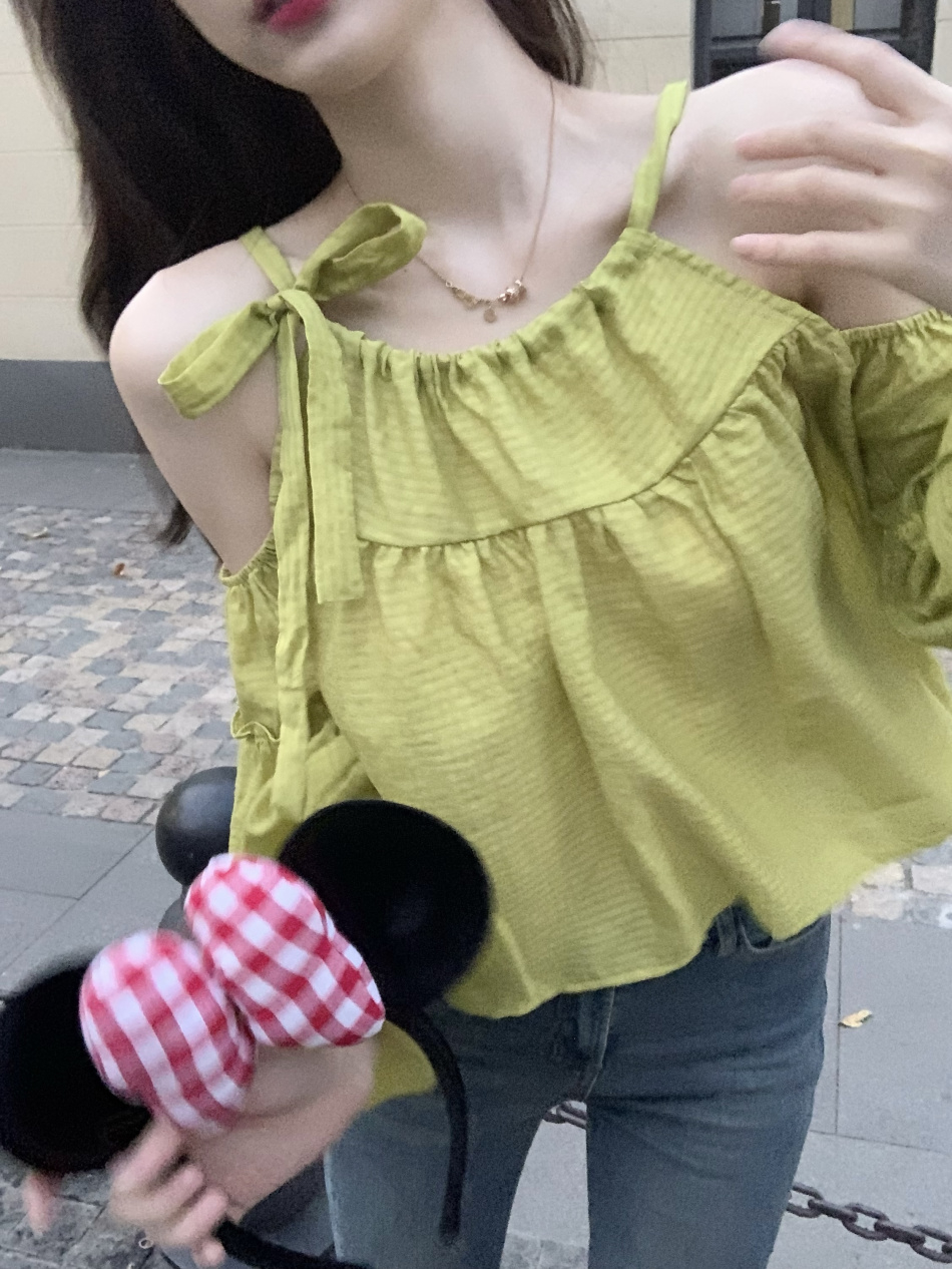 短款襯衫女秋2023新款小眾設計感長袖系帶露肩泡泡袖法式上衣