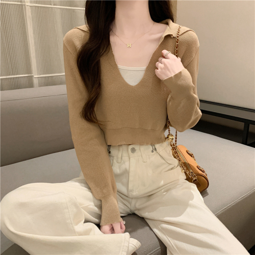 Design niche polo collar short slim fit bottoming sweater for women