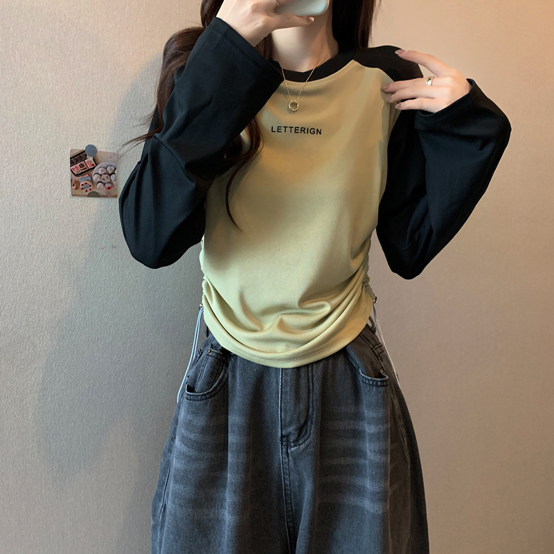 大碼女裝簡約秋季新款撞色抽繩設計感字母印花長袖圓領T恤上衣