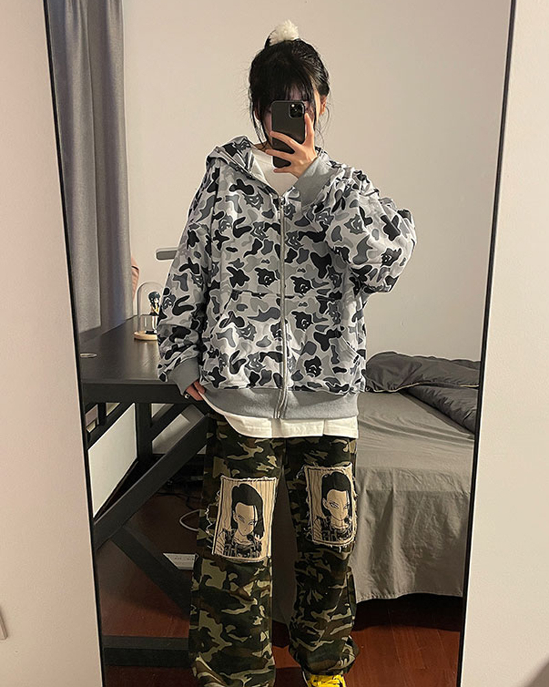 大魚鱗260克100%聚酯纖維 薄款衛衣女連帽迷彩印花 後包條雙層帽