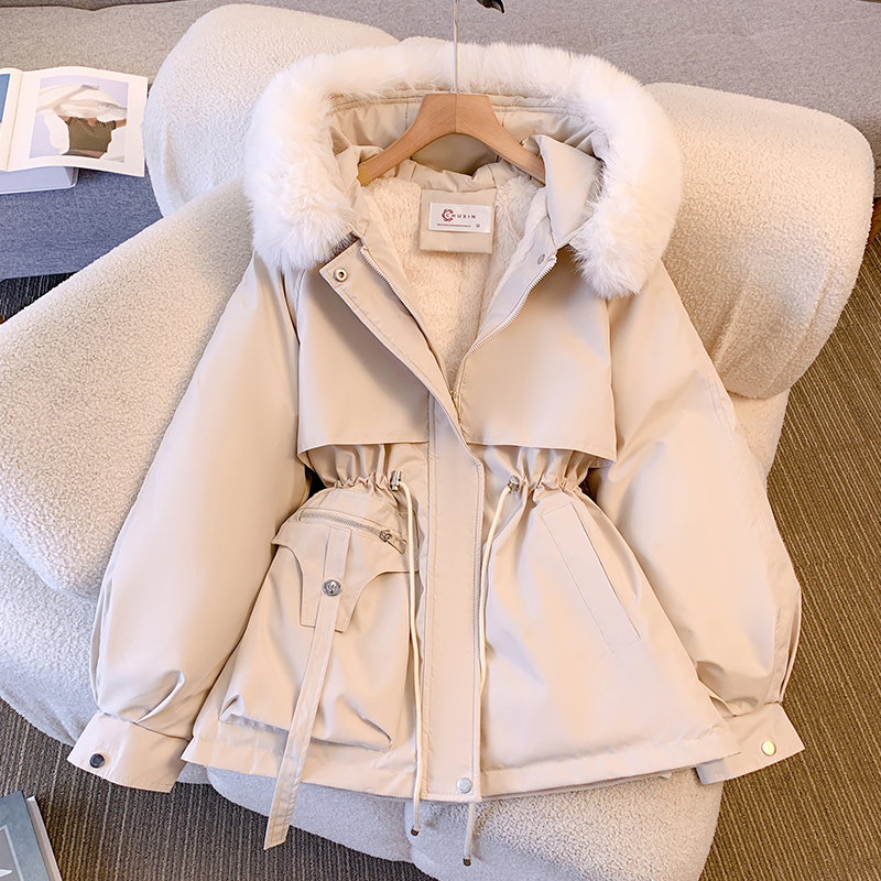 Real shot of women's mid-length waist slimming hooded large fur collar plus velvet cotton coat large size Korean style autumn and winter jacket