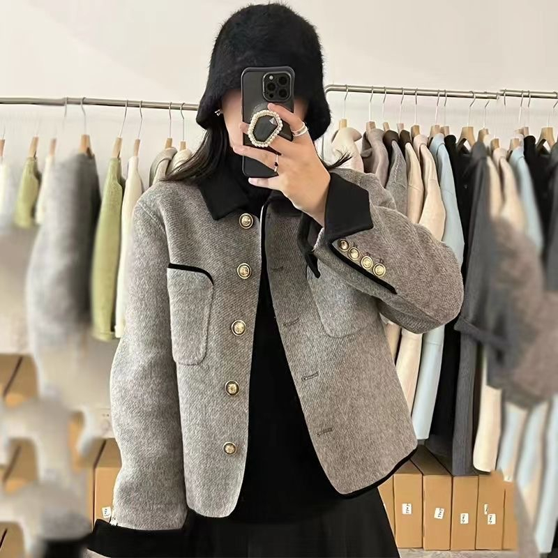 雙面呢大衣女短款外套名媛小香風外套撞色秋冬新款韓版小個子