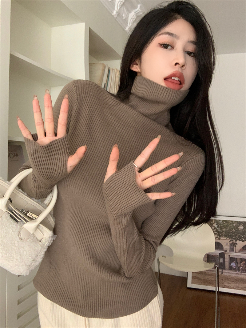 ~6色秋冬新款修身百搭先手內搭打底衫豎條紋高領針織衫女