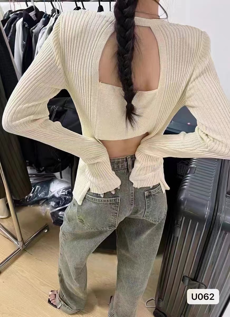 2023秋季新款小性感露背設計純色顯瘦長袖上衣女