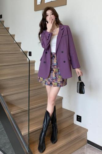  new fashionable and high-end purple suit jacket + cat print A-line skirt suit