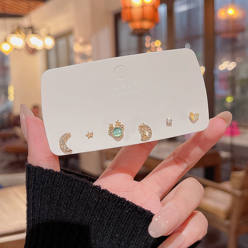 Actual shot of S925 Silver Needle Mini Compact Set Earrings Women's Moonstone Antler Moon Earrings Inlaid with Diamonds Super Flash Earrings