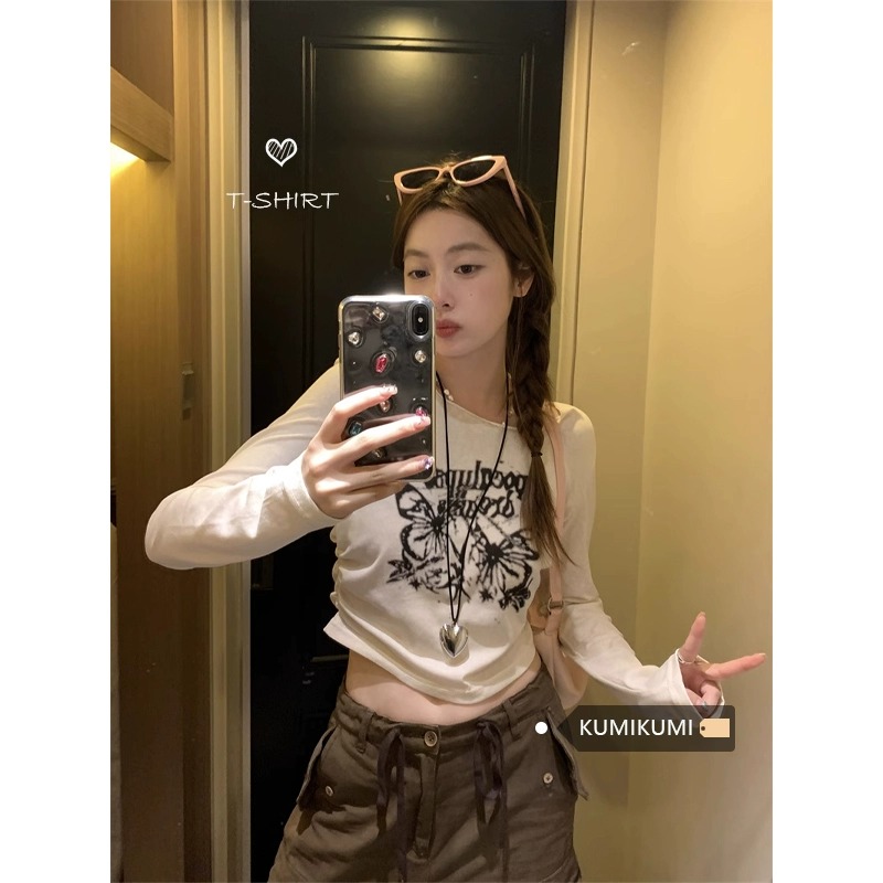 American retro butterfly print long-sleeved T-shirt for women 2023 early autumn slim slim pleated short top trendy