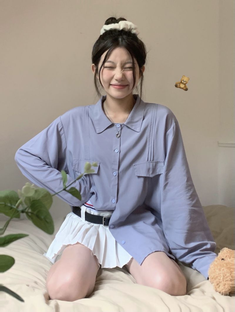 三標齊寬鬆慵懶設計感口袋翻領襯衣女