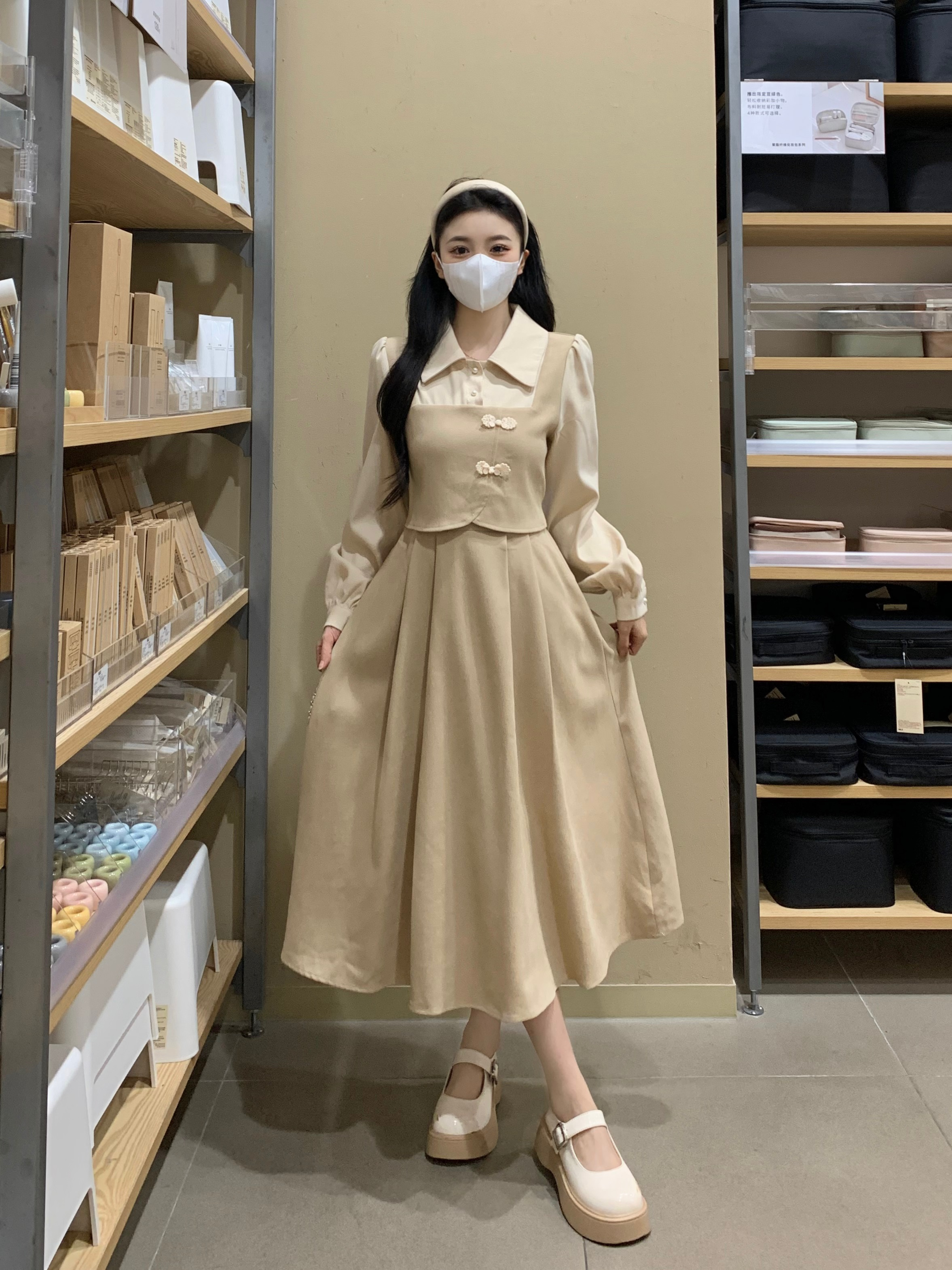原版面料+做法 設計感少女假兩件小眾連衣裙2023秋冬復古顯瘦裙子