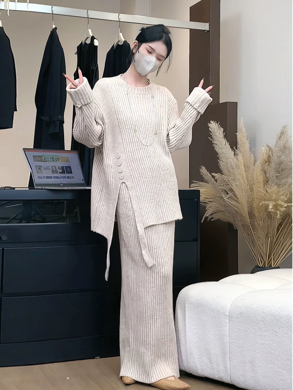 小香風復古氣質針織套裝女秋冬款慵懶風開叉毛衣高腰半身裙兩件套