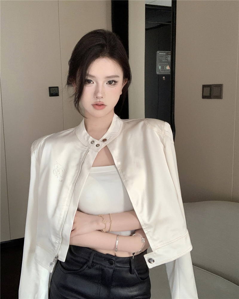 Autumn satin chest hot diamond small fragrance jacket short shoulder style stand collar top for women