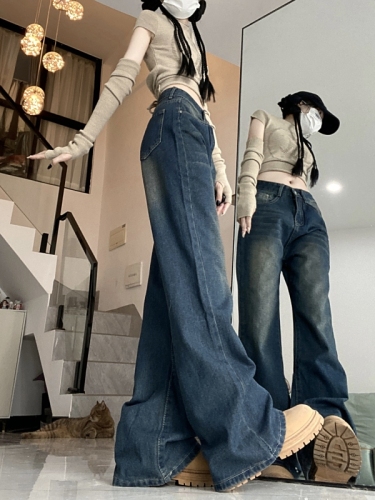 !  American hottie retro jeans for women European and American micro-flare distressed washed straight trousers