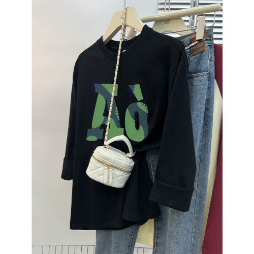 220g rear bag autumn new loose cotton printed bottoming long-sleeved T-shirt top