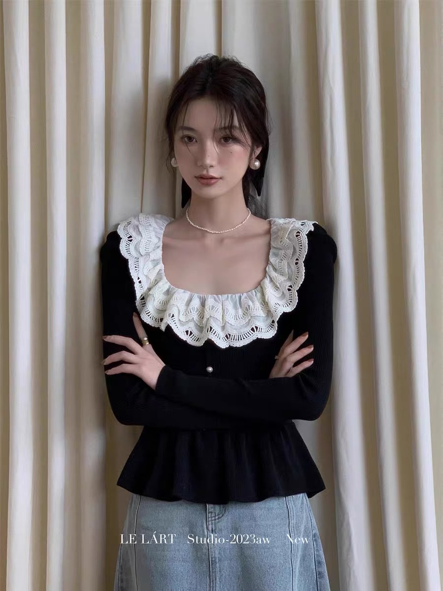 法式上衣女設計感小眾秋冬內搭氣質優雅打底衫修身拼接蕾絲針織衫