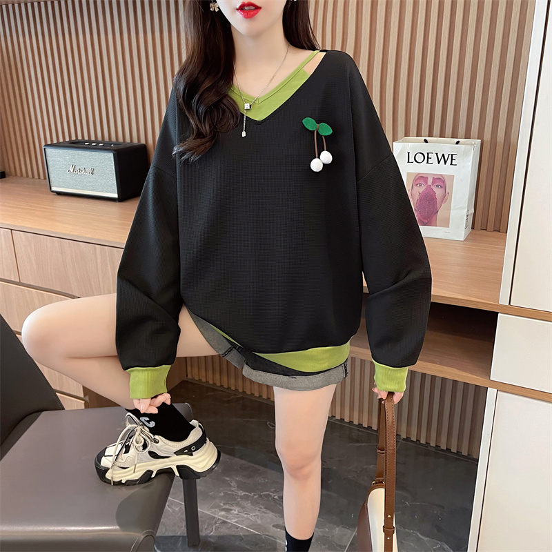 螺紋CVC小個子華夫格插色華棉上衣女拼接衛衣女