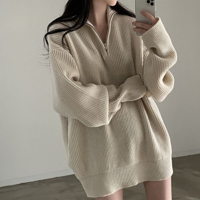 Real shot of large size fat mm autumn and winter lazy pullover half-zip sweater casual versatile thick sweater