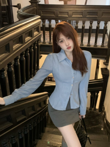 蓝色翻领长袖衬衫女秋季新款韩版收腰修身显瘦衬衣小个子上衣
