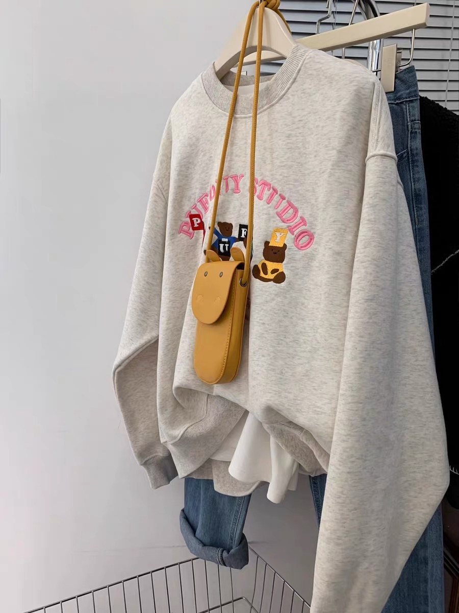 美式復古灰色無帽薄款圓領衛衣女春秋季慵懶風oversize小個子秋冬
